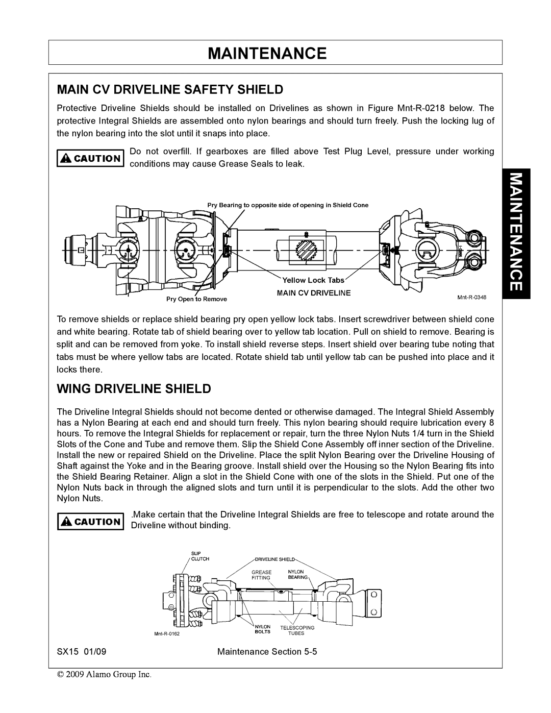 Alamo SX15 manual Main Cv Driveline Safety Shield, Wing Driveline Shield, Maintenance 