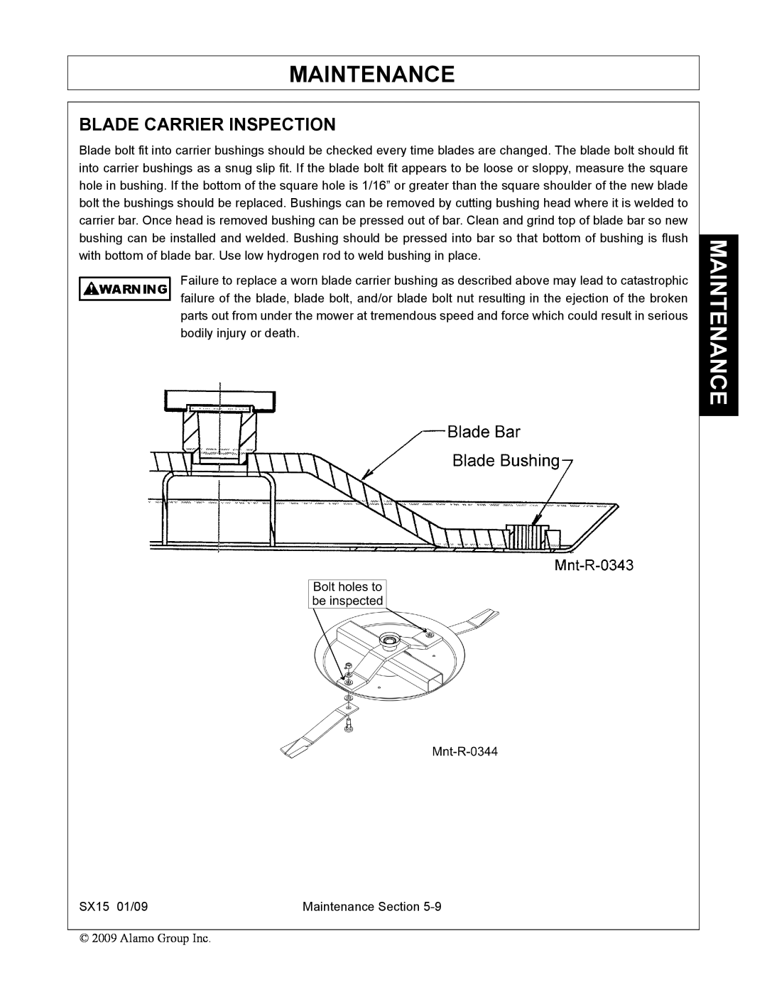 Alamo SX15 manual Blade Carrier Inspection, Maintenance 