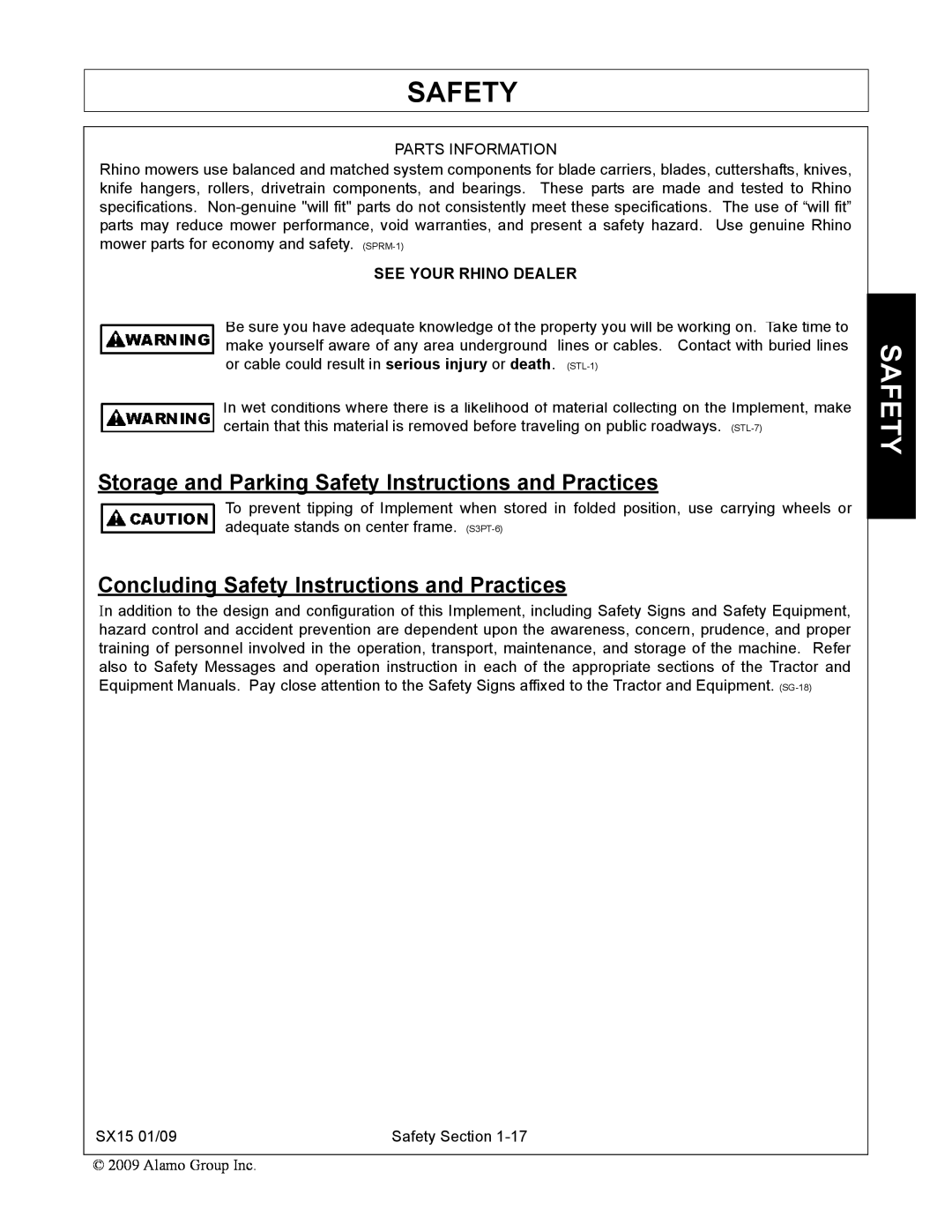 Alamo SX15 manual Storage and Parking Safety Instructions and Practices, Concluding Safety Instructions and Practices 