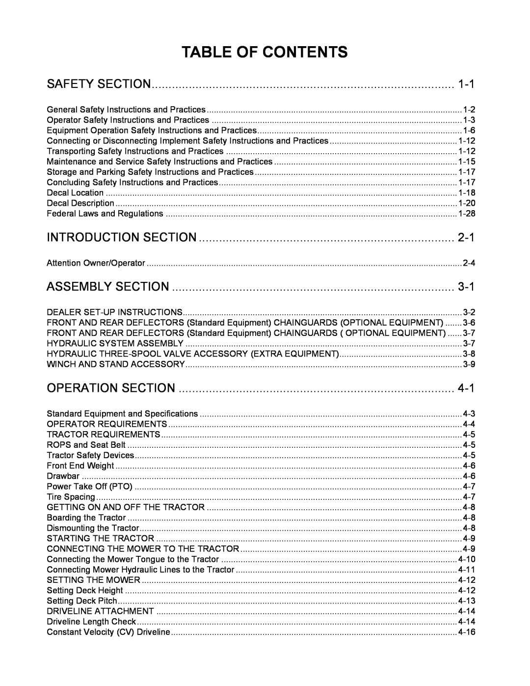 Alamo SX15 manual Table Of Contents, Safety Section, Introduction Section, Assembly Section, Operation Section 