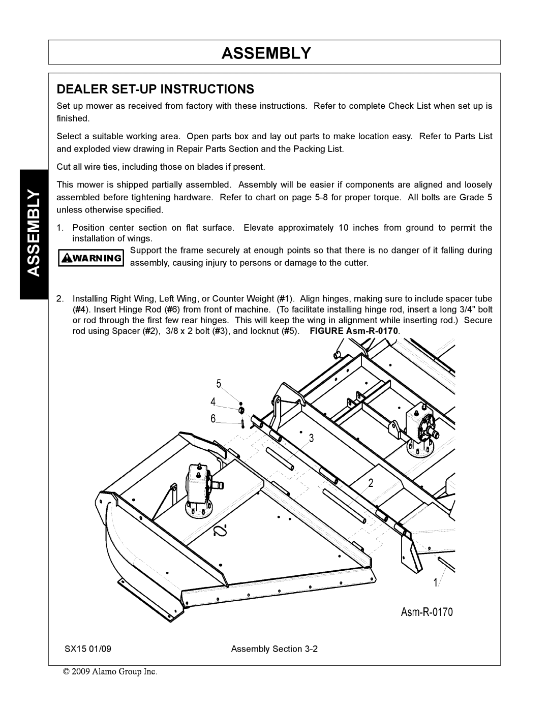 Alamo SX15 manual Assembly, Dealer Set-Up Instructions 