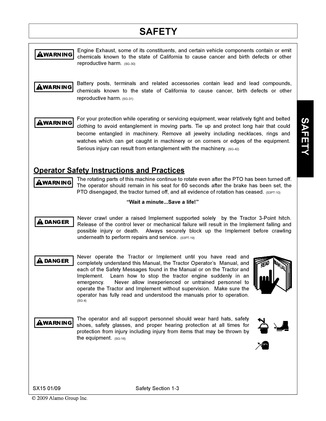Alamo SX15 manual Operator Safety Instructions and Practices, “Wait a minute...Save a life!” 