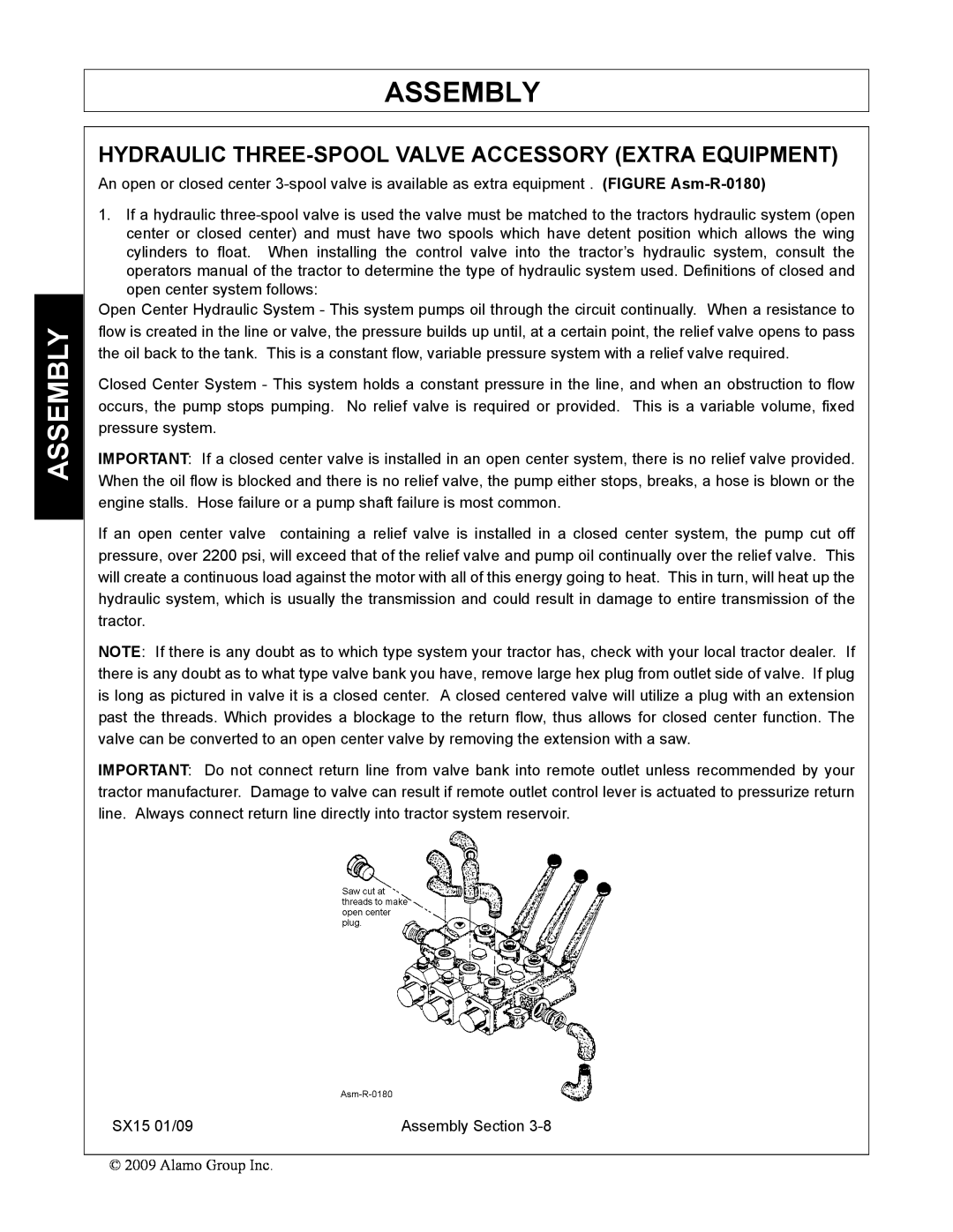 Alamo SX15 manual Hydraulic Three-Spool Valve Accessory Extra Equipment, Assembly 
