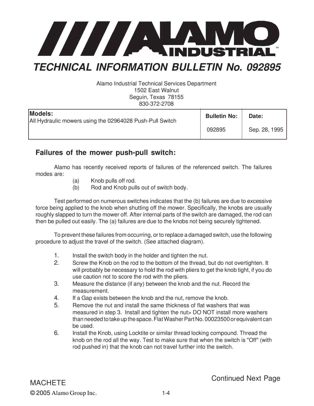 Alamo T 7740 manual Failures of the mower push-pull switch, Models 