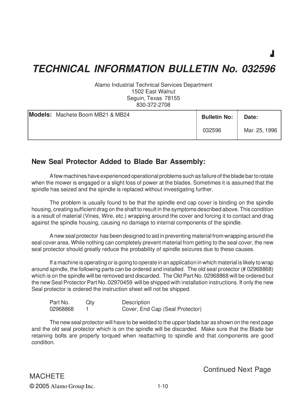 Alamo T 7740 manual New Seal Protector Added to Blade Bar Assembly 