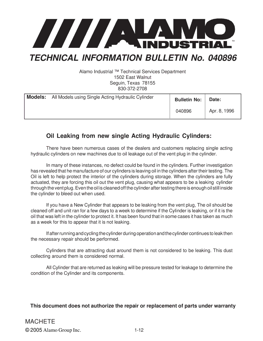 Alamo T 7740 manual Oil Leaking from new single Acting Hydraulic Cylinders 