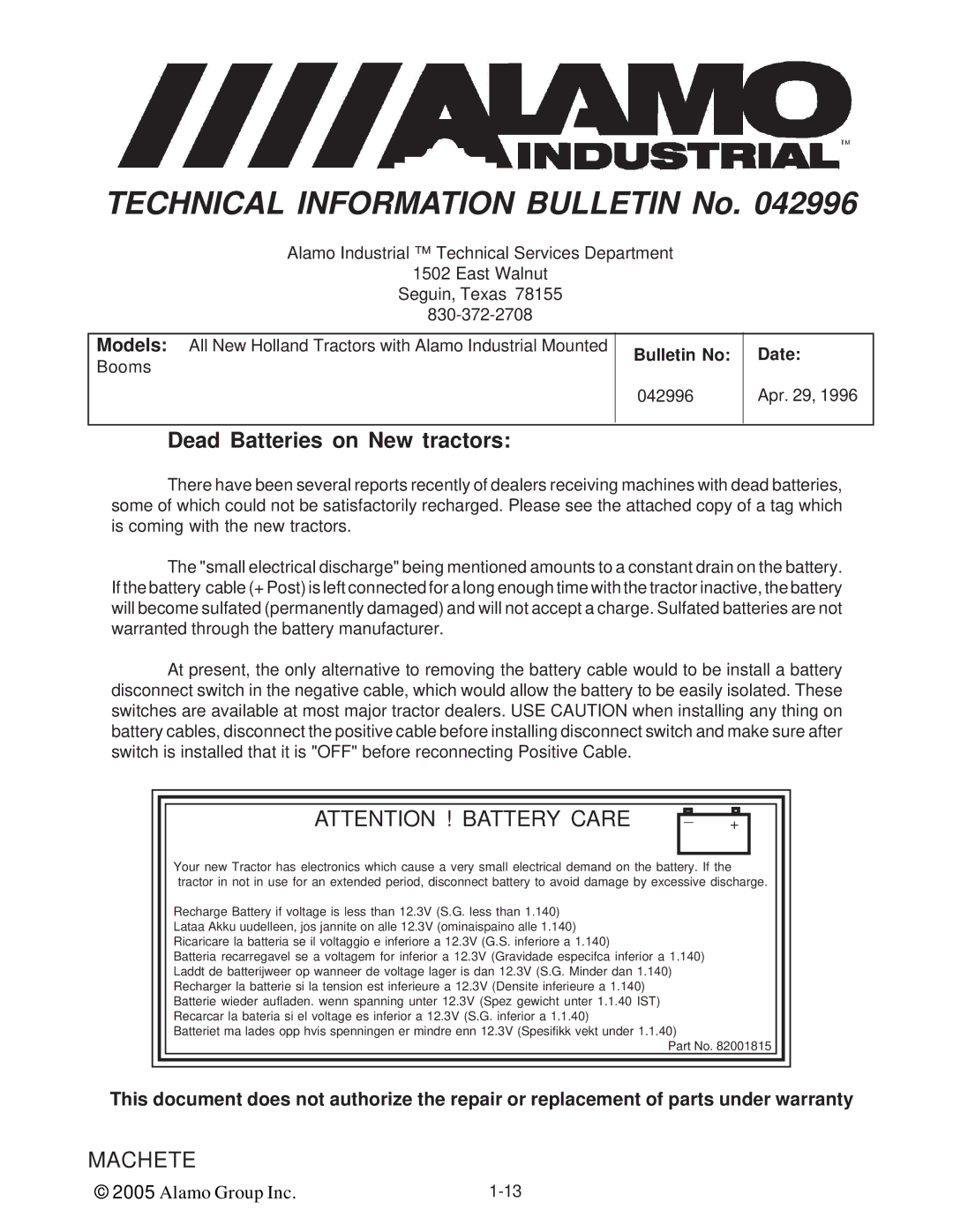 Alamo T 7740 manual Dead Batteries on New tractors 