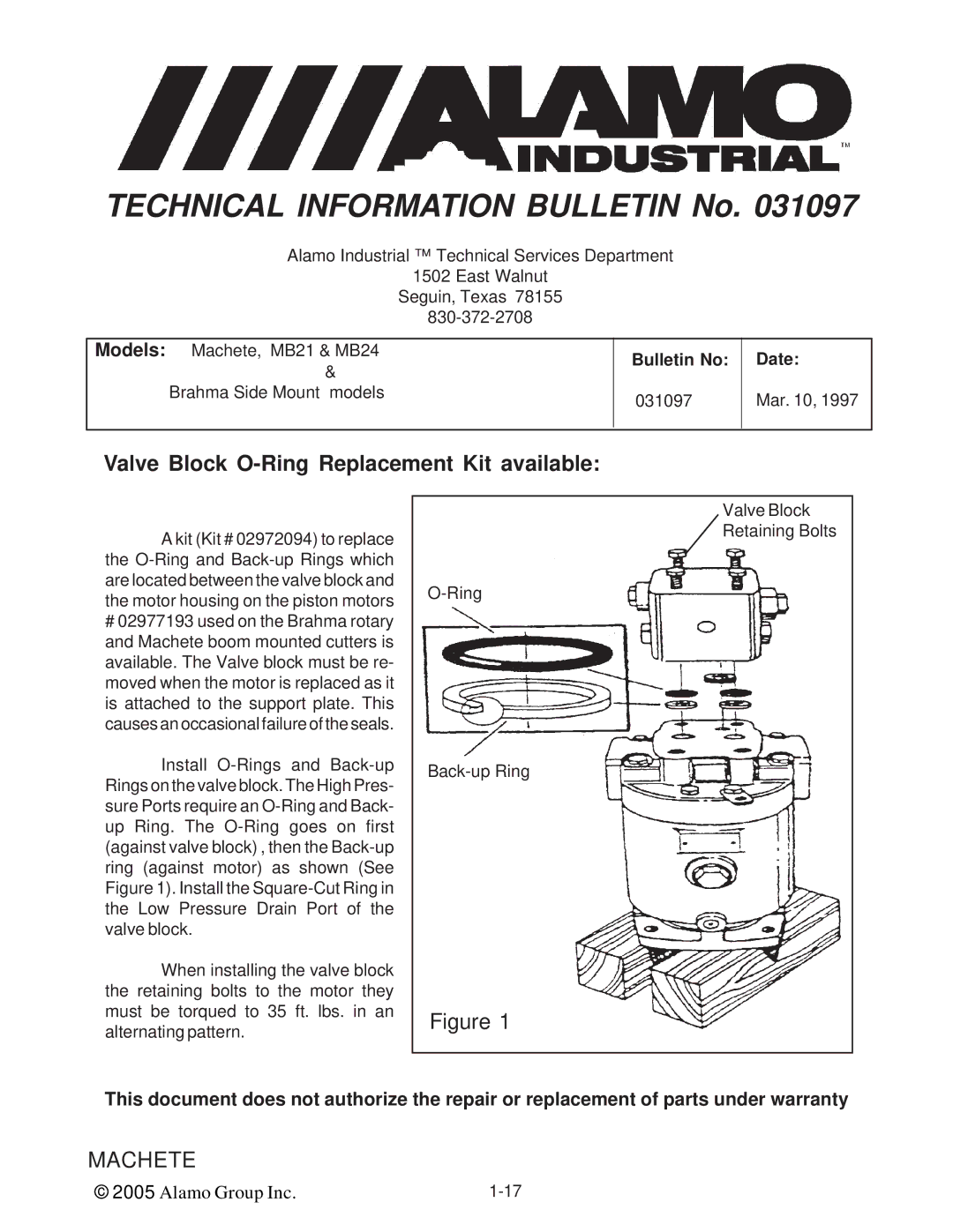 Alamo T 7740 manual Valve Block O-Ring Replacement Kit available 