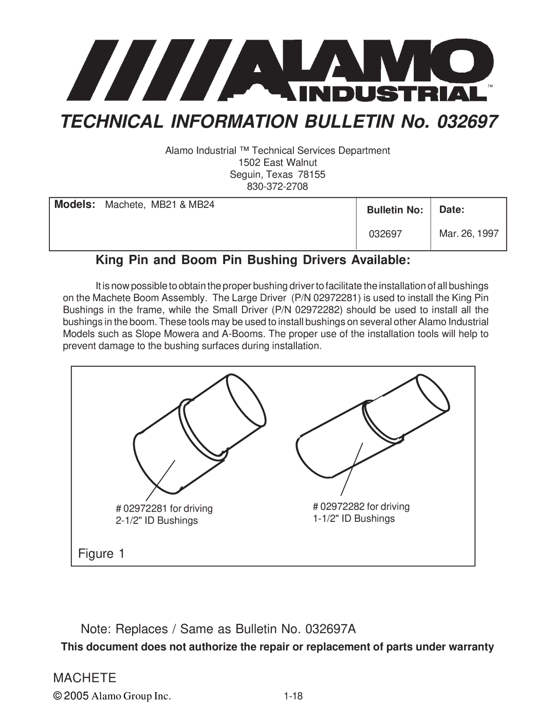 Alamo T 7740 manual King Pin and Boom Pin Bushing Drivers Available 