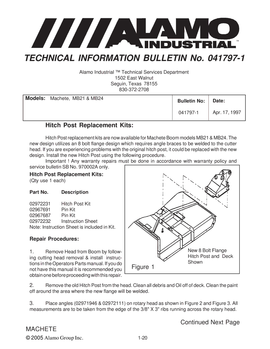 Alamo T 7740 manual Hitch Post Replacement Kits, Repair Procedures 