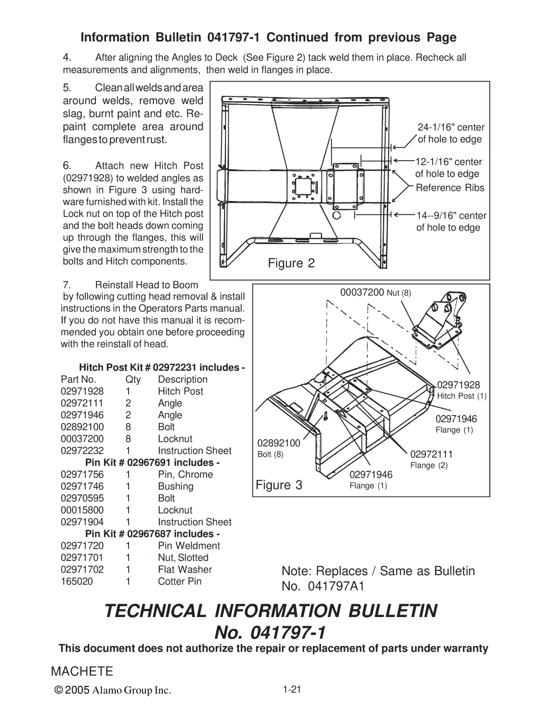 Alamo T 7740 manual Information Bulletin 041797-1 from previous, Flanges to prevent rust 