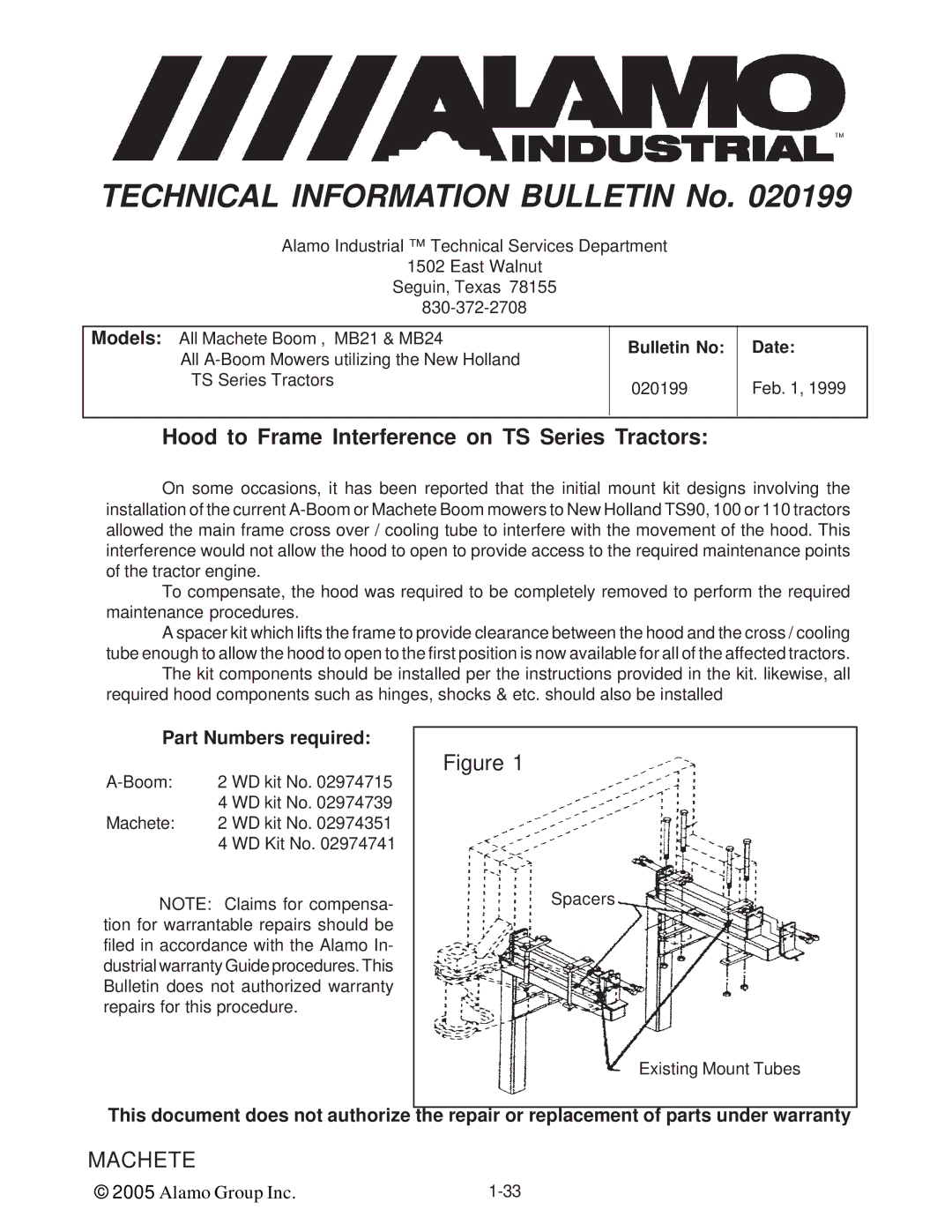 Alamo T 7740 manual Hood to Frame Interference on TS Series Tractors, Part Numbers required 