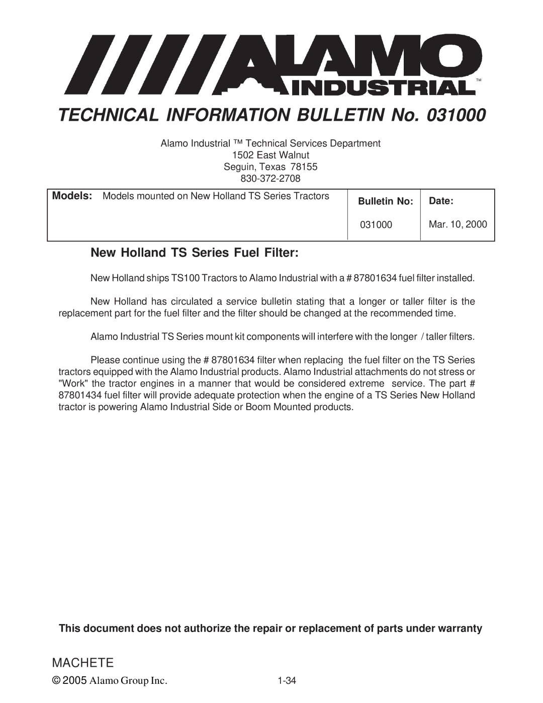 Alamo T 7740 manual New Holland TS Series Fuel Filter 