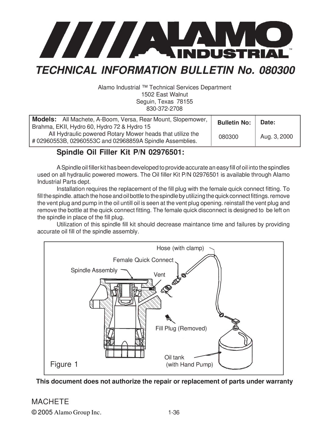 Alamo T 7740 manual Spindle Oil Filler Kit P/N 