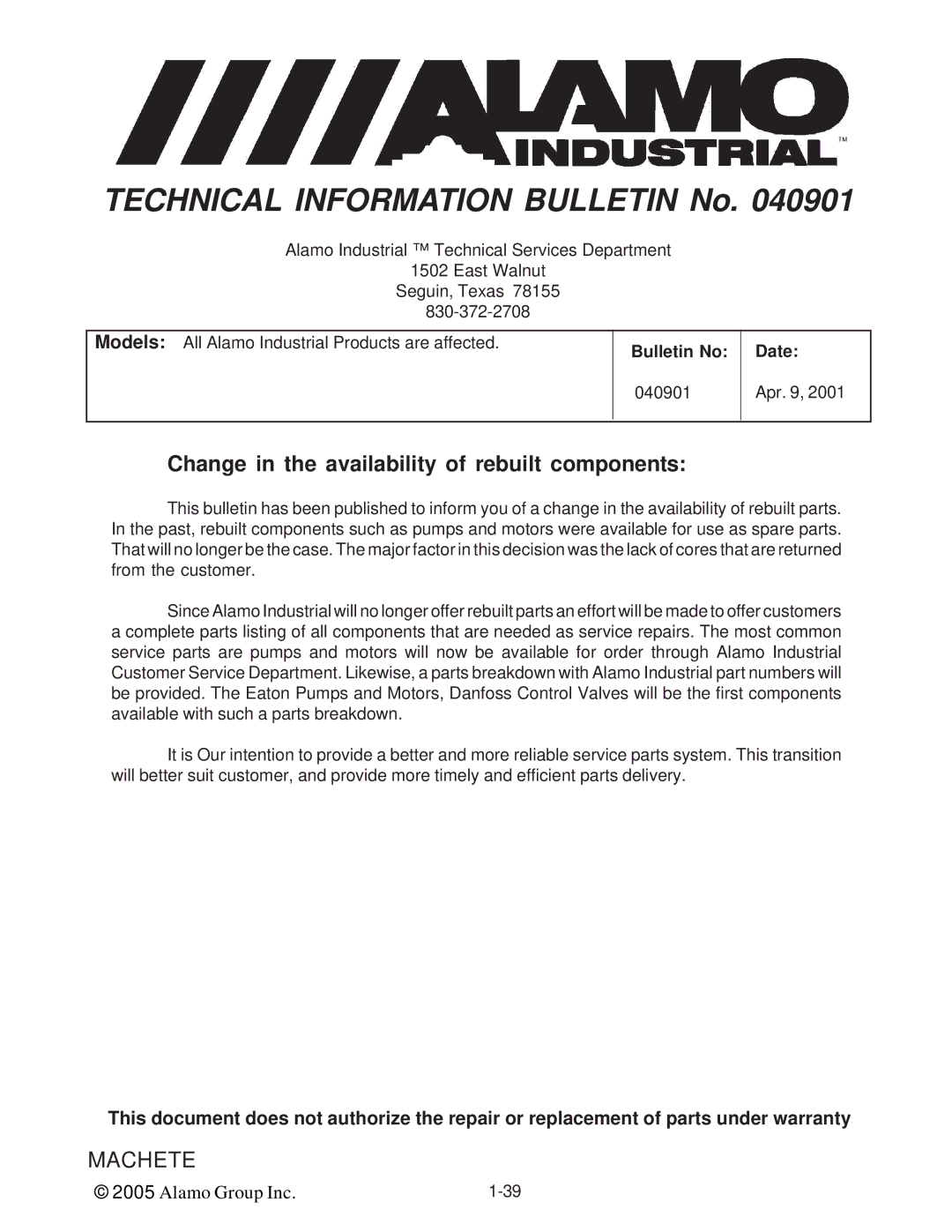 Alamo T 7740 manual Change in the availability of rebuilt components 