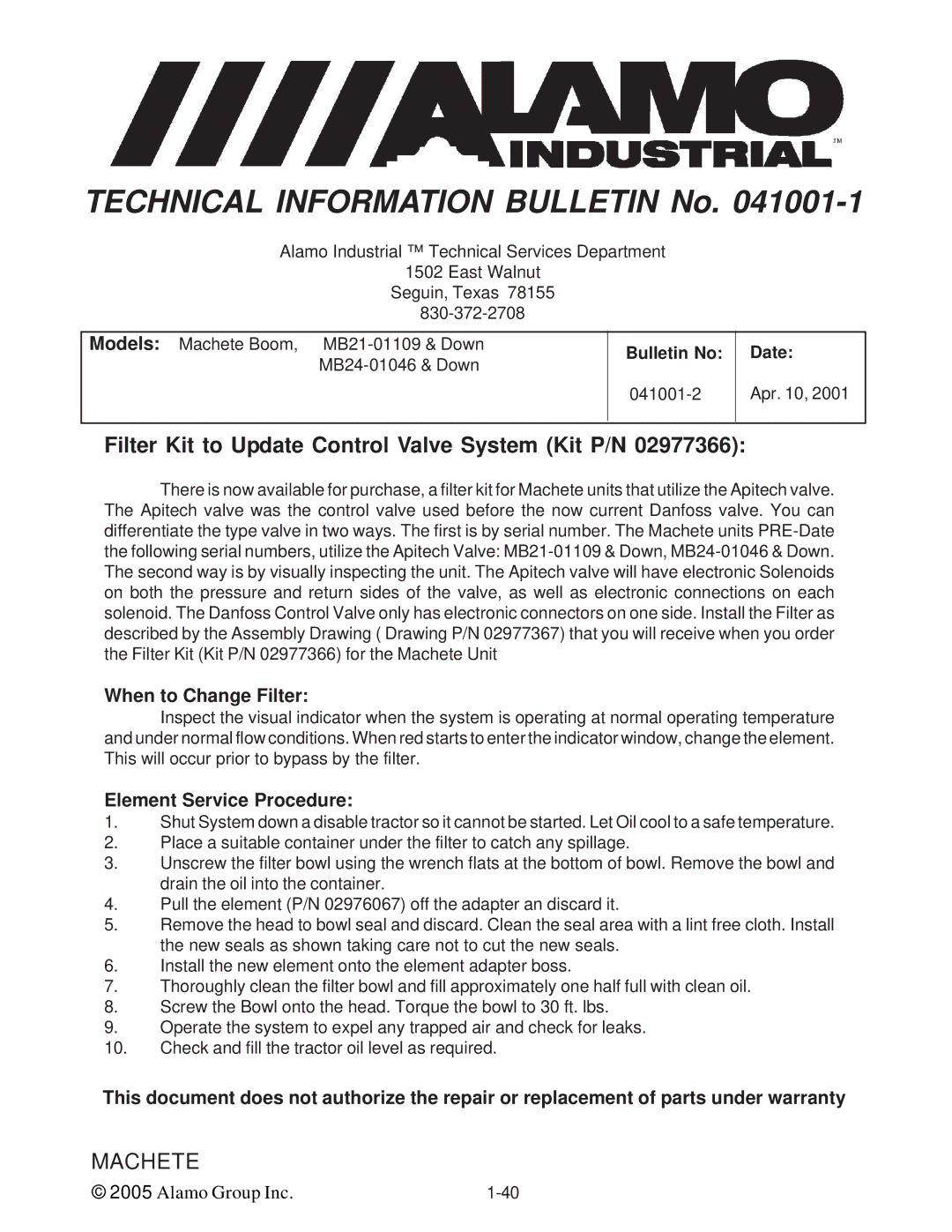 Alamo T 7740 manual Filter Kit to Update Control Valve System Kit P/N, When to Change Filter 