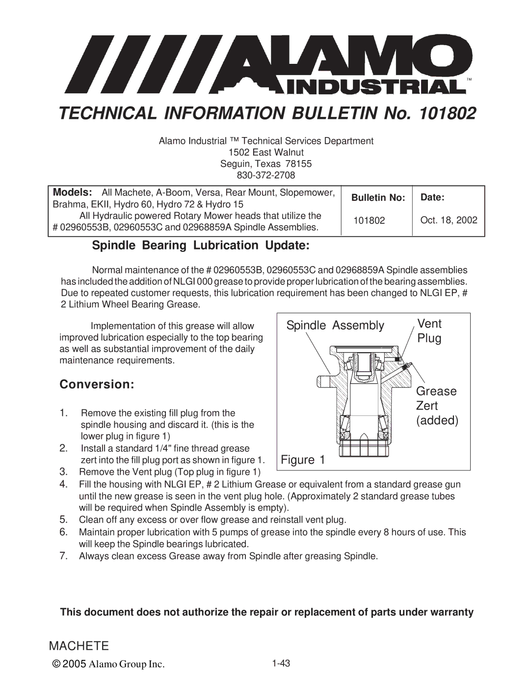 Alamo T 7740 manual Spindle Bearing Lubrication Update, Conversion 