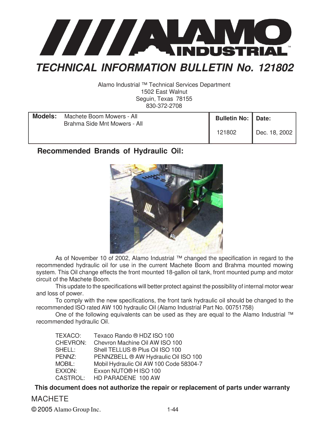 Alamo T 7740 manual Recommended Brands of Hydraulic Oil 