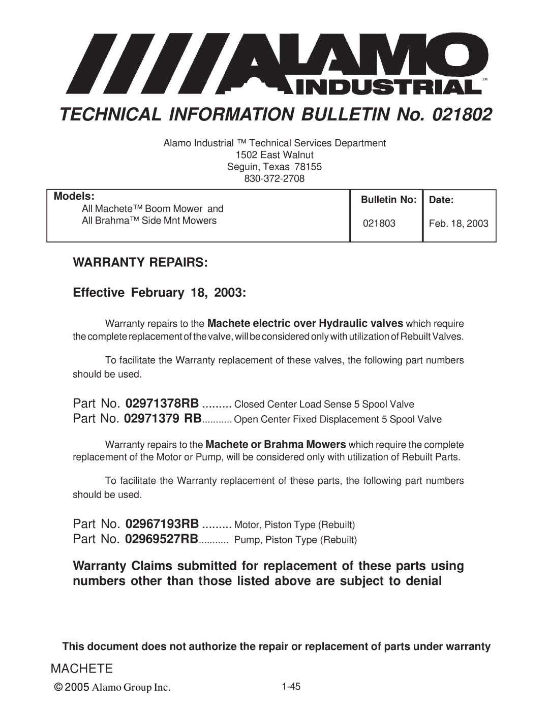 Alamo T 7740 manual Warranty Repairs, Effective February 18 