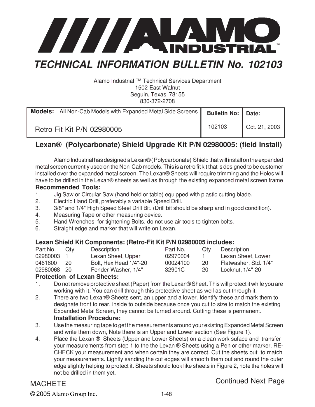 Alamo T 7740 manual Recommended Tools, Protection of Lexan Sheets, Installation Procedure 