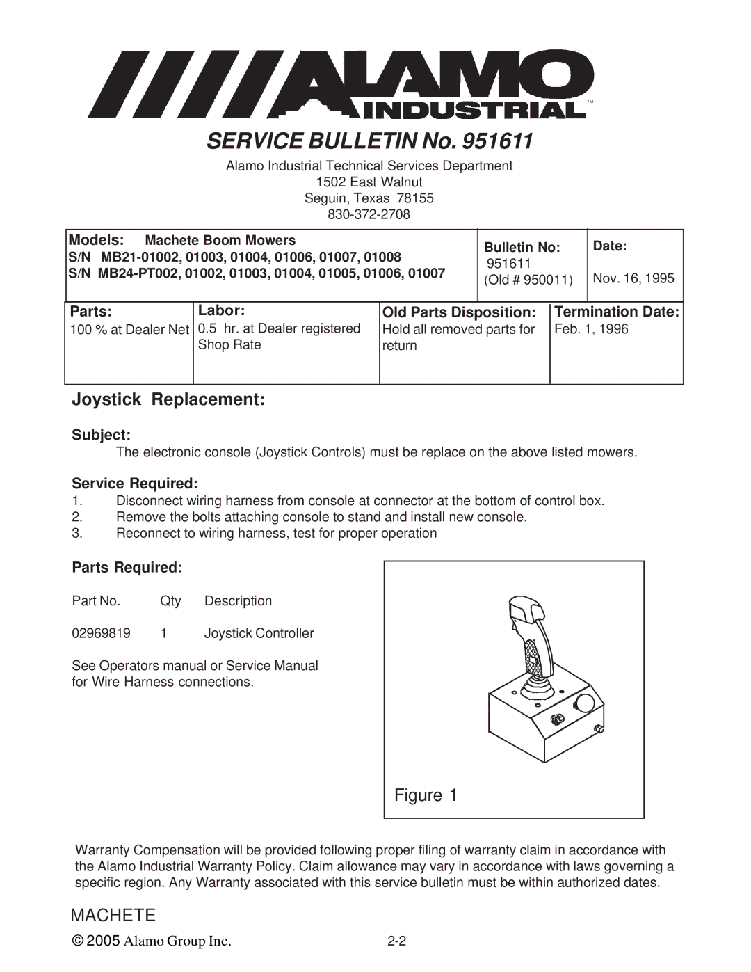 Alamo T 7740 manual Joystick Replacement, Parts Labor Old Parts Disposition Termination Date, Service Required 