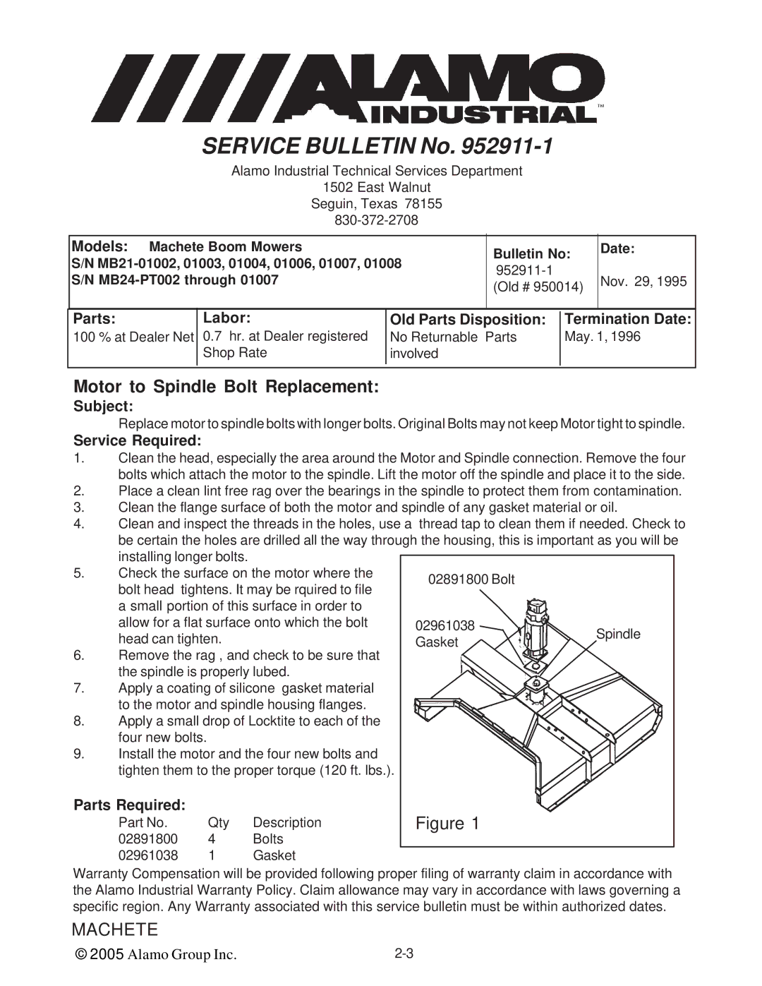 Alamo T 7740 manual Motor to Spindle Bolt Replacement 