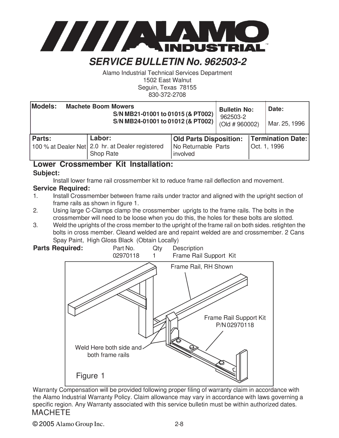 Alamo T 7740 manual Lower Crossmember Kit Installation 