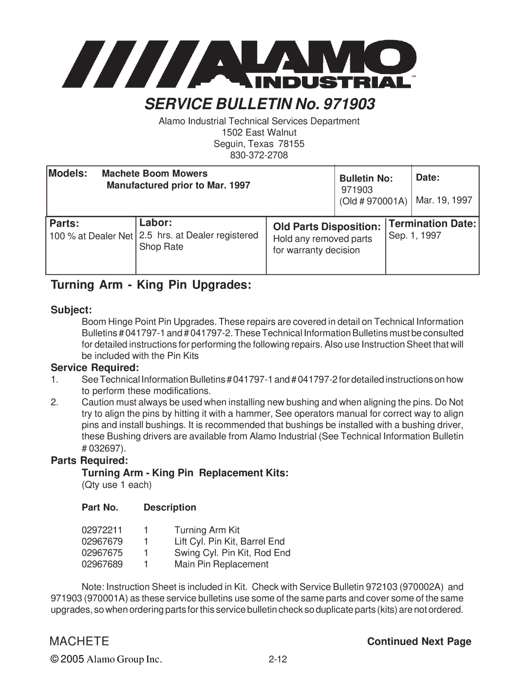 Alamo T 7740 manual Turning Arm King Pin Upgrades, Parts Required Turning Arm King Pin Replacement Kits, Next 