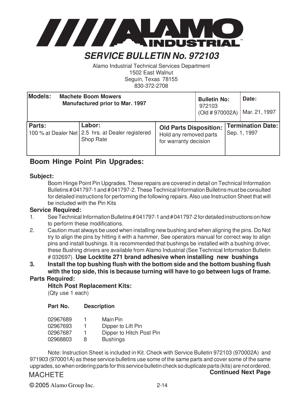 Alamo T 7740 manual Boom Hinge Point Pin Upgrades 