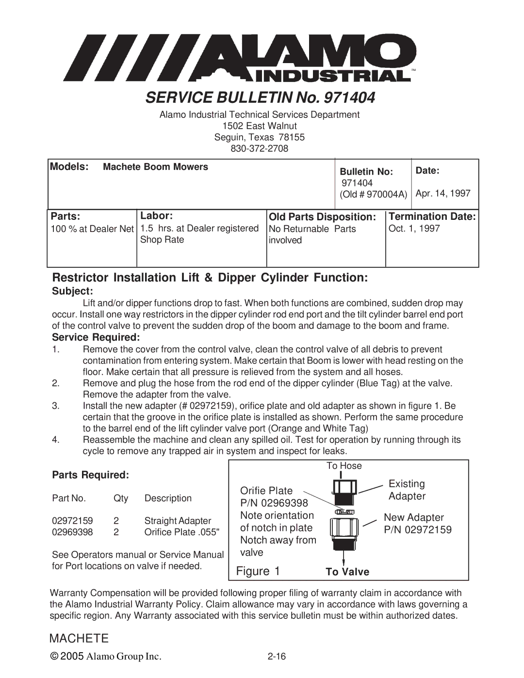 Alamo T 7740 manual Restrictor Installation Lift & Dipper Cylinder Function, Parts Required 