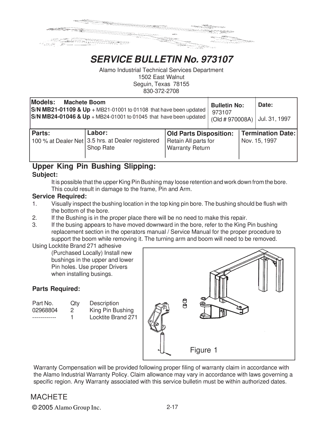 Alamo T 7740 manual Upper King Pin Bushing Slipping 