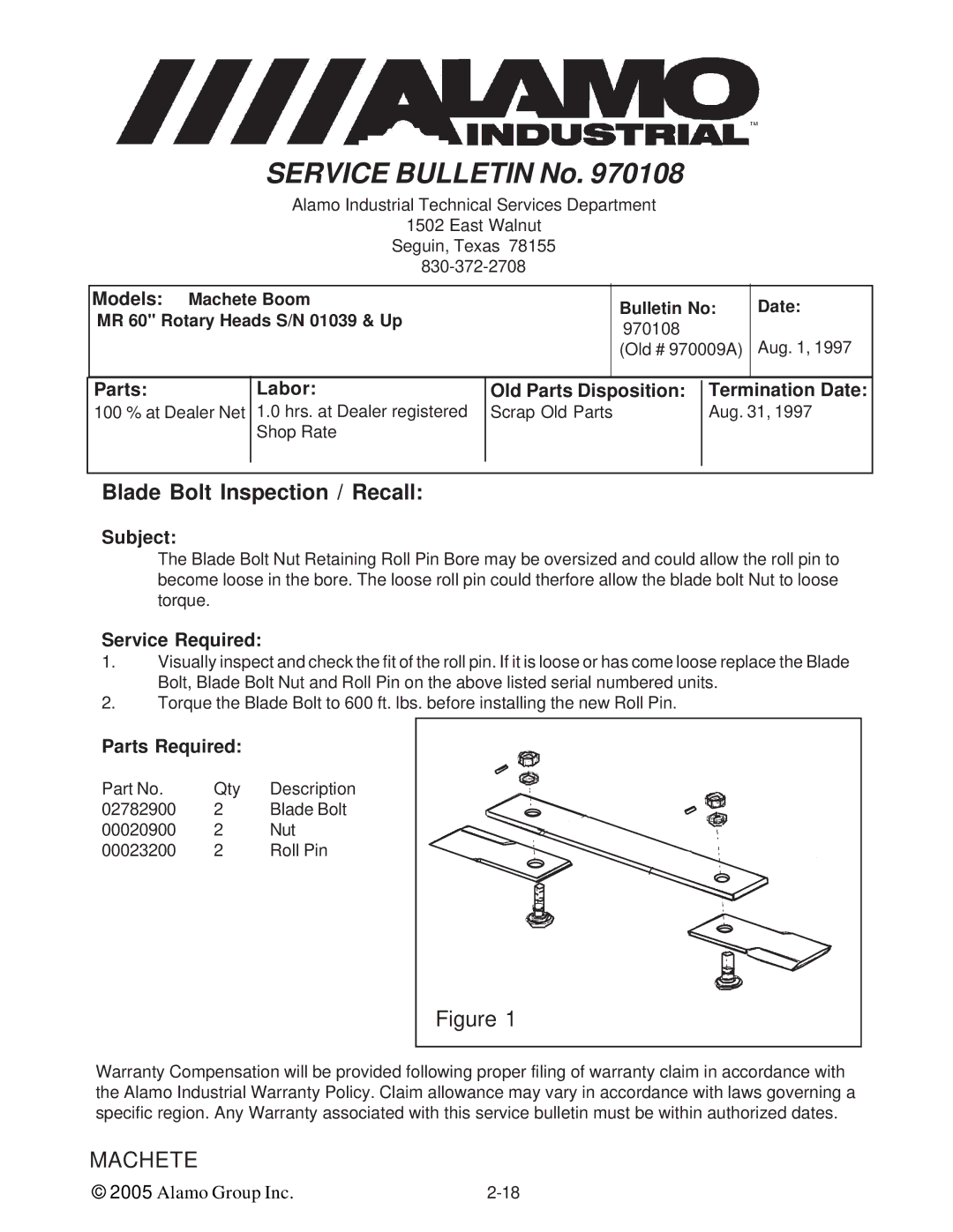 Alamo T 7740 manual Blade Bolt Inspection / Recall 