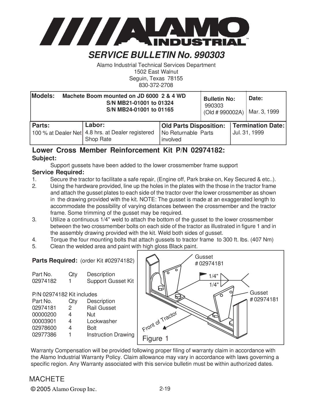 Alamo T 7740 manual Lower Cross Member Reinforcement Kit P/N 