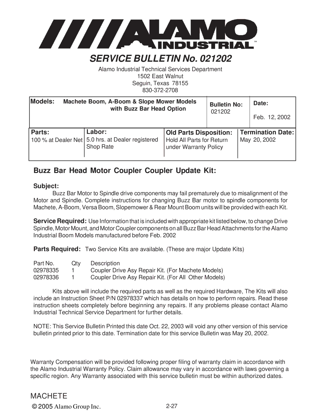 Alamo T 7740 manual Buzz Bar Head Motor Coupler Coupler Update Kit 