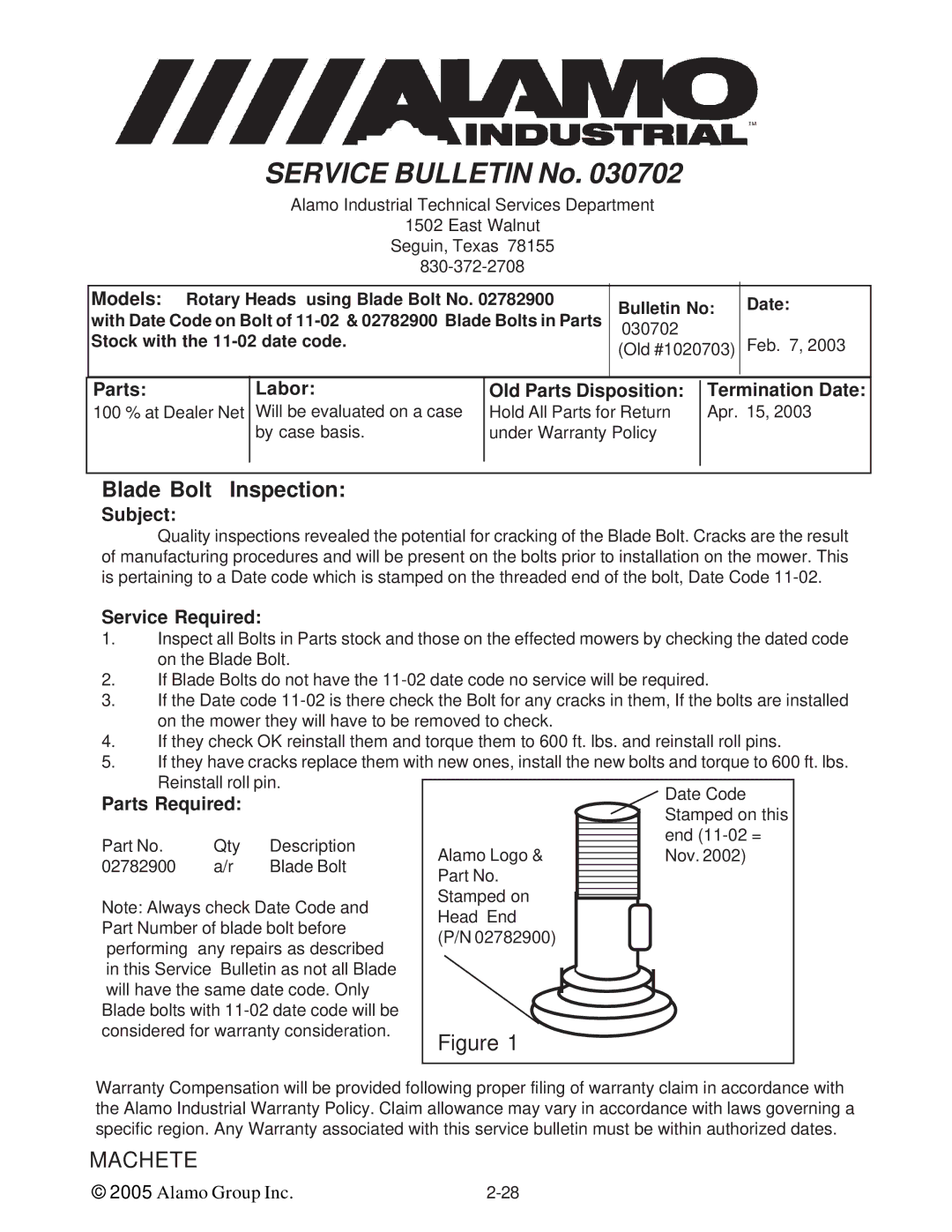 Alamo T 7740 manual Blade Bolt Inspection, Service Required 