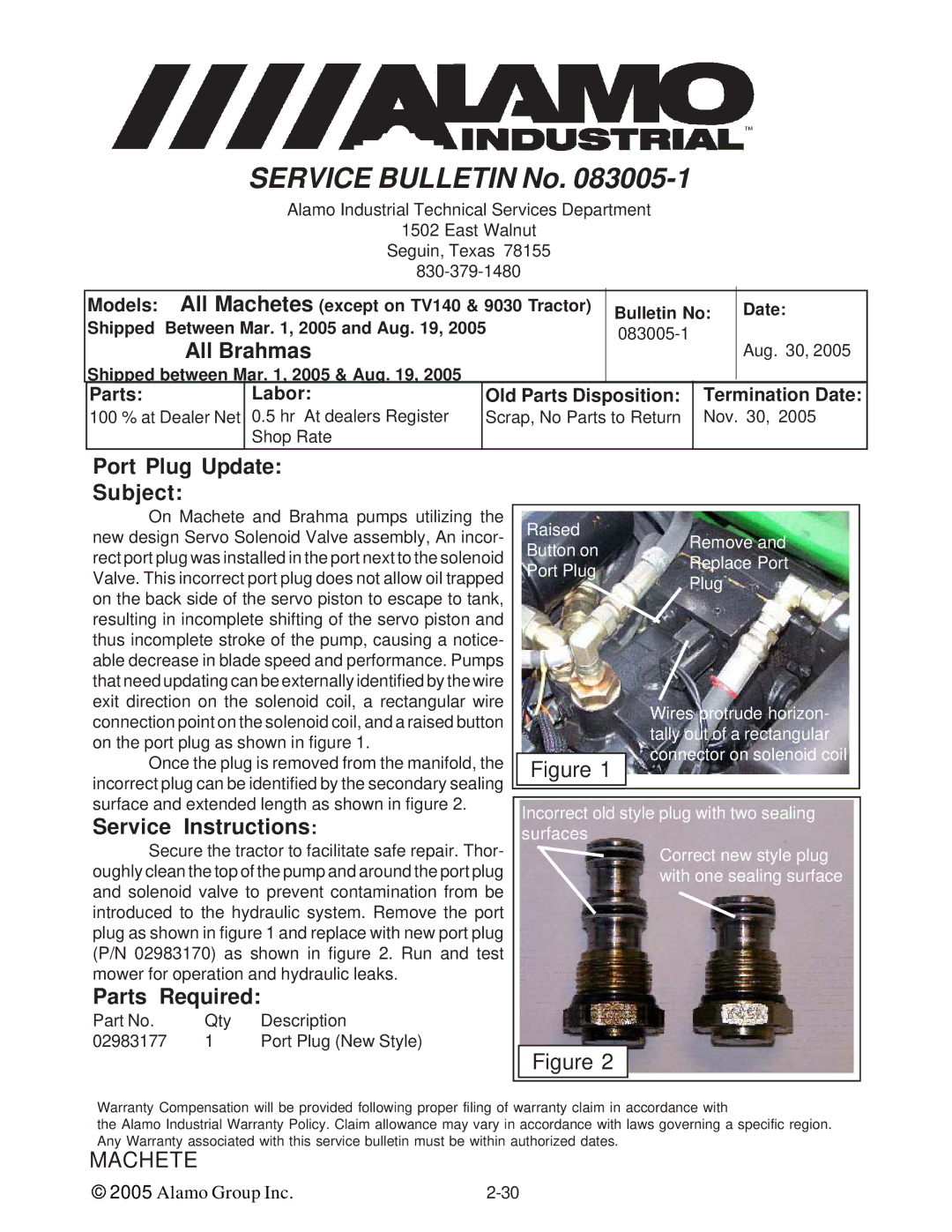 Alamo T 7740 manual All Brahmas, Port Plug Update Subject, Service Instructions, Parts Required 