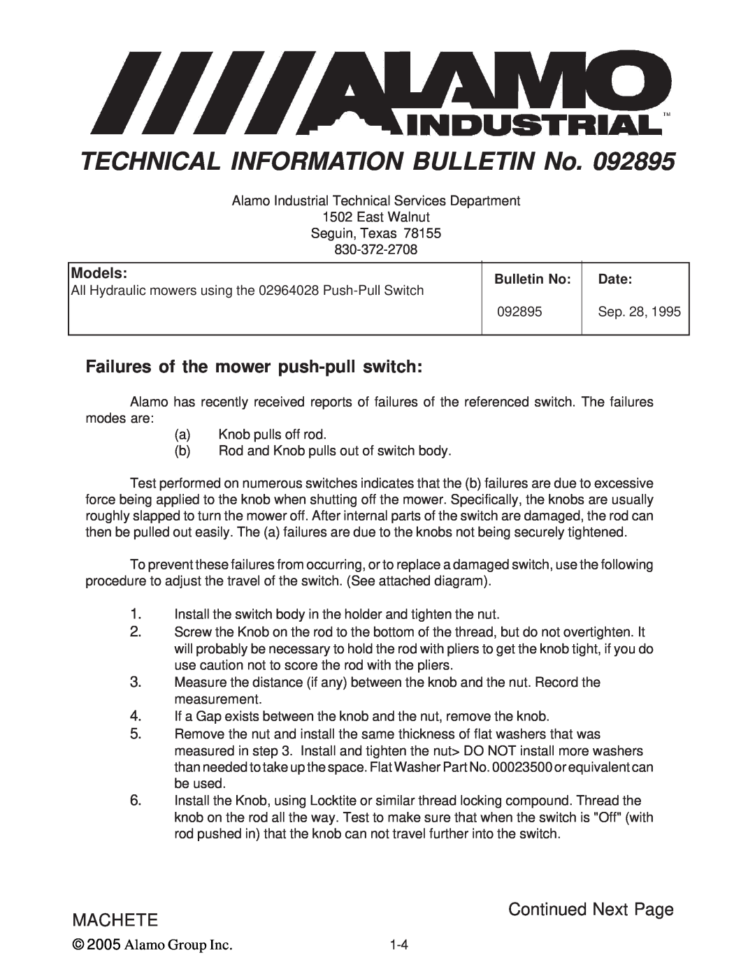 Alamo T 7740 Failures of the mower push-pullswitch, Continued Next Page, Models, TECHNICAL INFORMATION BULLETIN No, Date 