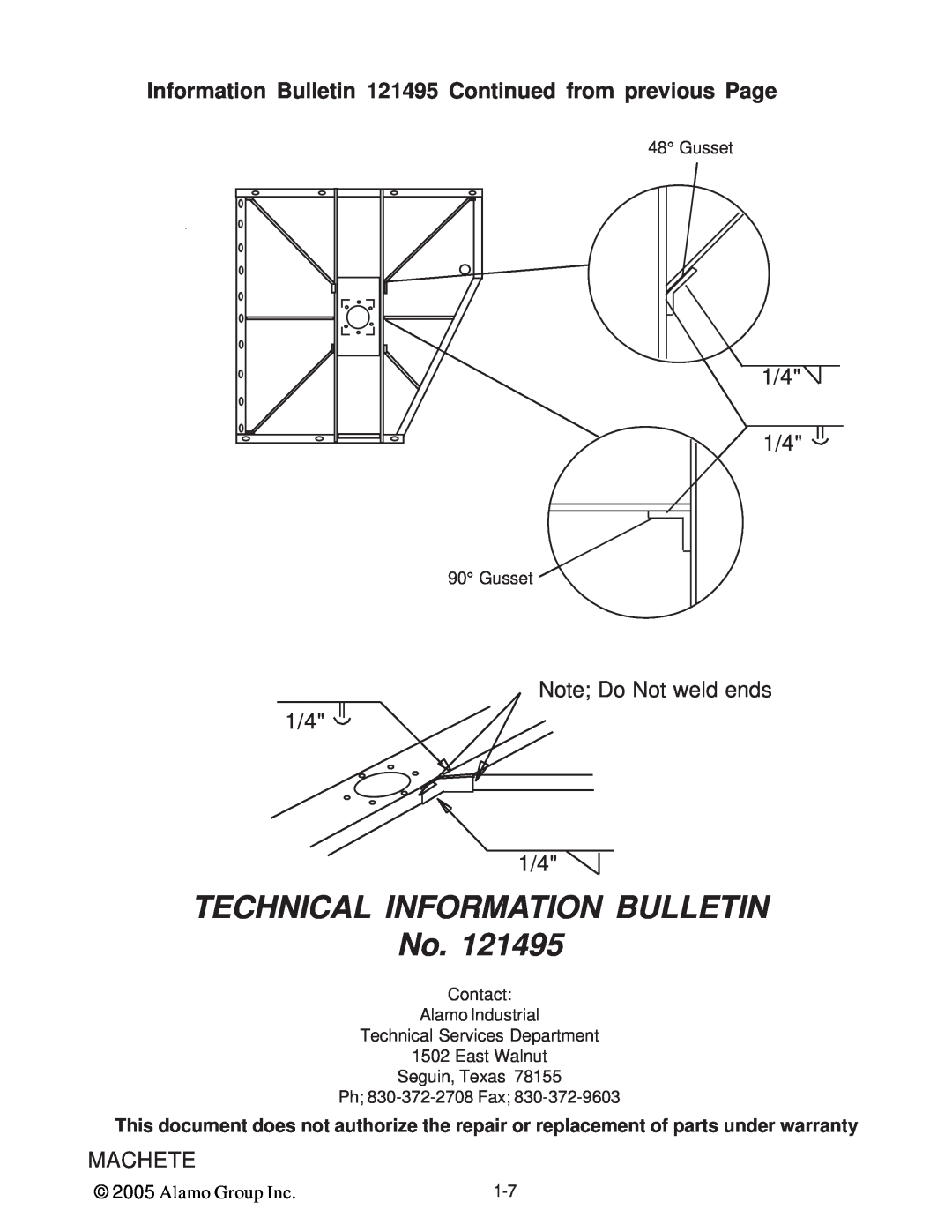 Alamo T 7740 manual Note; Do Not weld ends 1/4 1/4, TECHNICAL INFORMATION BULLETIN No, Machete, Alamo Group Inc 