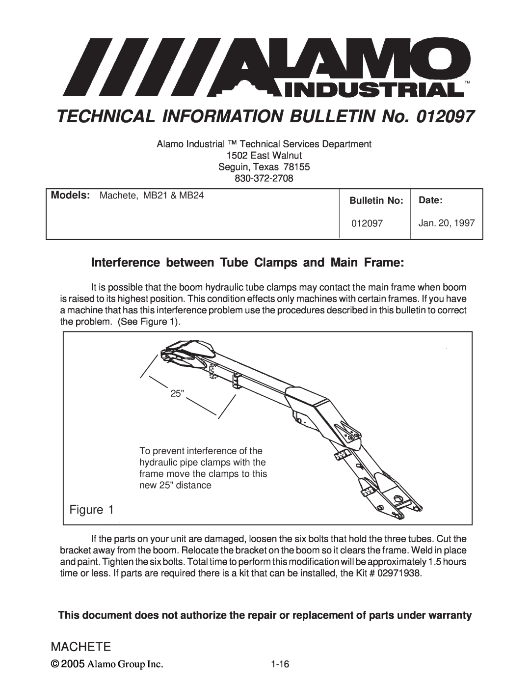 Alamo T 7740 Interference between Tube Clamps and Main Frame, TECHNICAL INFORMATION BULLETIN No, Figure, Machete, Date 
