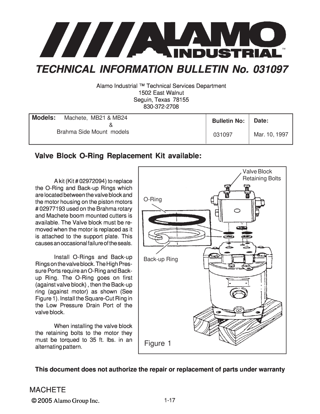 Alamo T 7740 Valve Block O-RingReplacement Kit available, TECHNICAL INFORMATION BULLETIN No, Figure, Machete, Bulletin No 