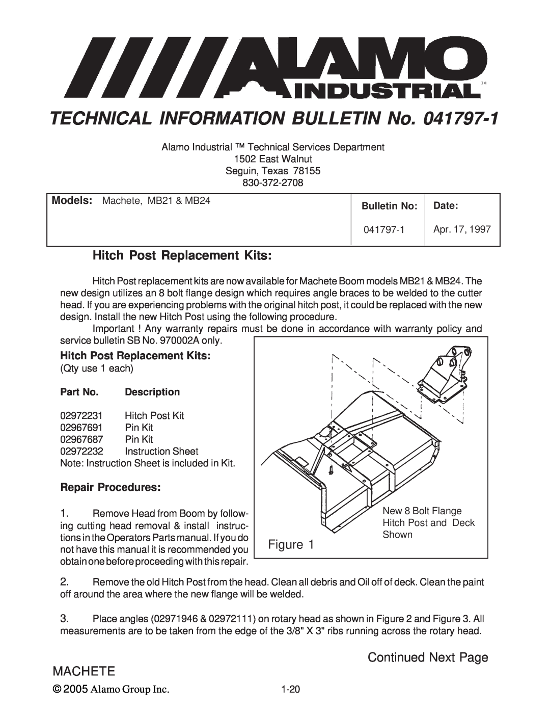 Alamo T 7740 Hitch Post Replacement Kits, Repair Procedures, Part No, Description, TECHNICAL INFORMATION BULLETIN No, Date 