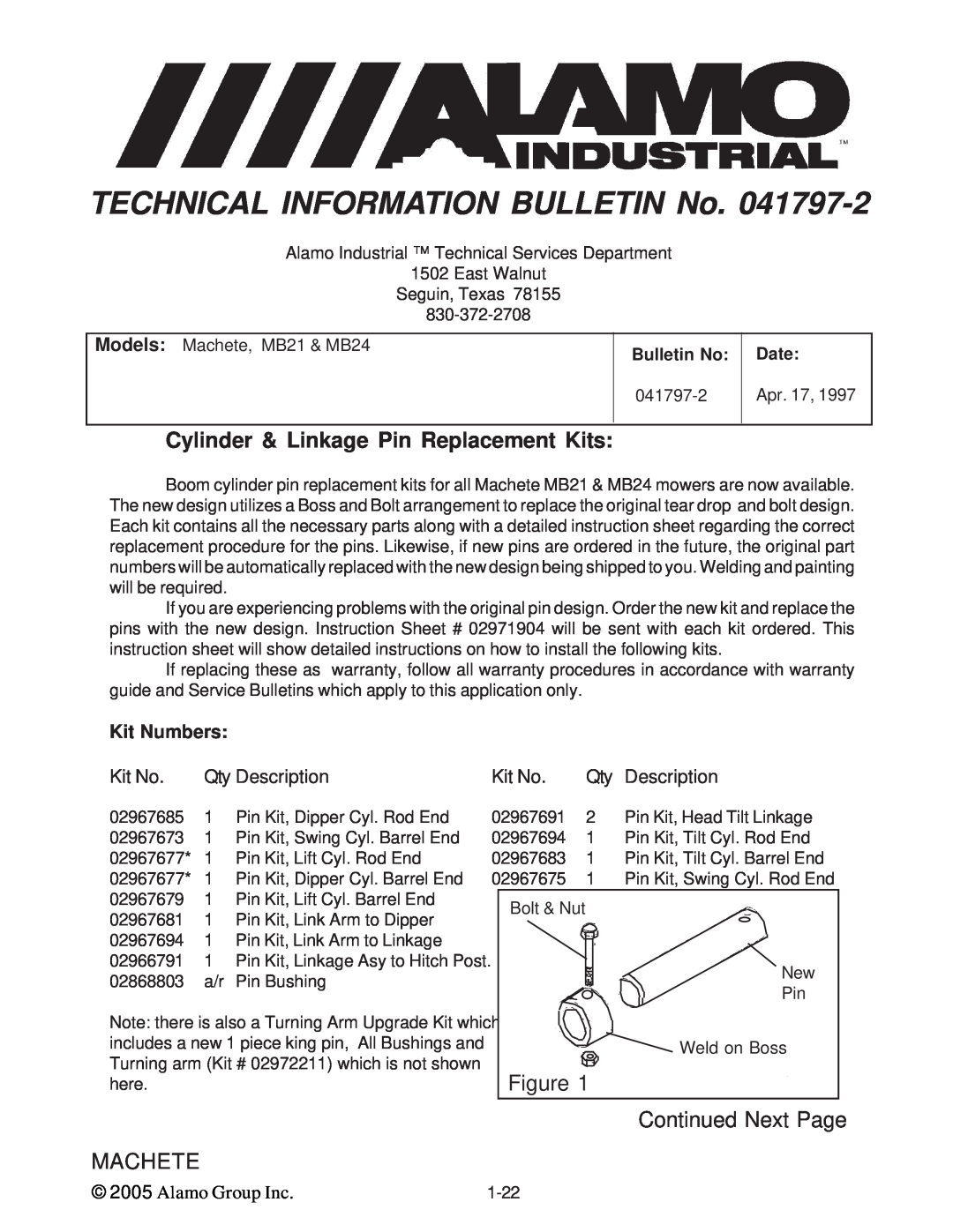 Alamo T 7740 Cylinder & Linkage Pin Replacement Kits, Kit Numbers, Kit No, Qty Description, Figure, Alamo Group Inc, Date 