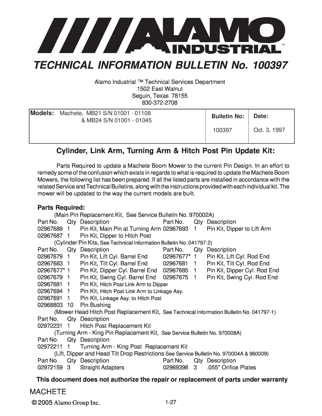 Alamo T 7740 manual Parts Required, TECHNICAL INFORMATION BULLETIN No, Machete, Alamo Group Inc, Bulletin No, Date 