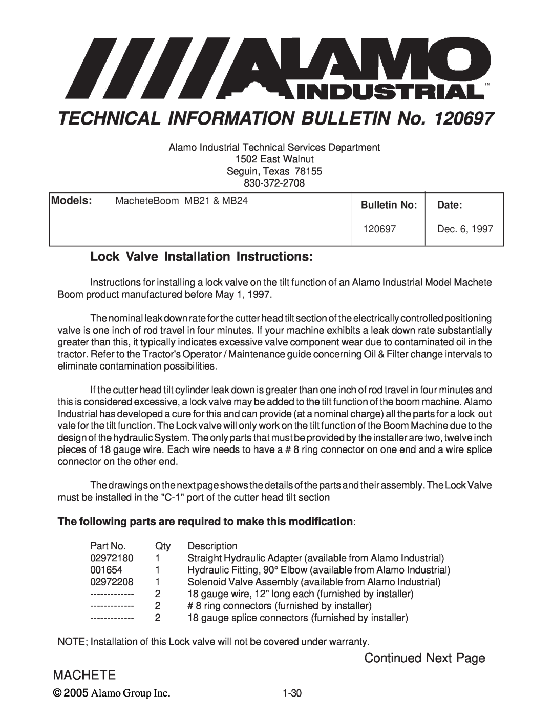 Alamo T 7740 Lock Valve Installation Instructions, TECHNICAL INFORMATION BULLETIN No, Continued Next Page MACHETE, Date 