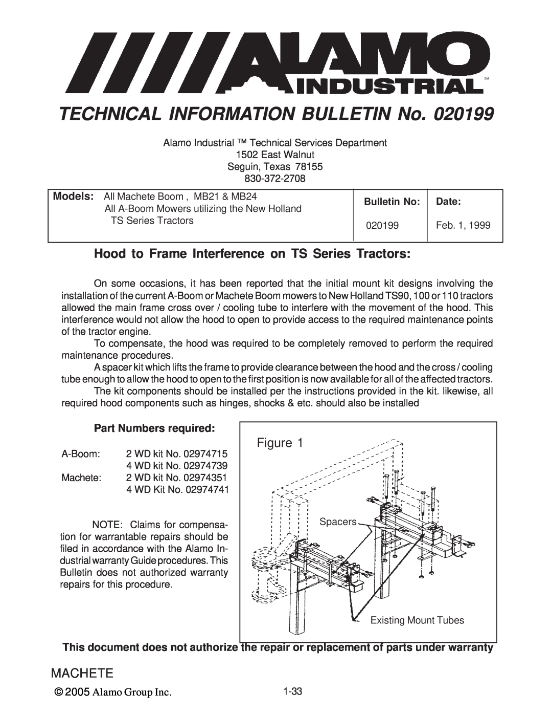 Alamo T 7740 Hood to Frame Interference on TS Series Tractors, Part Numbers required, TECHNICAL INFORMATION BULLETIN No 