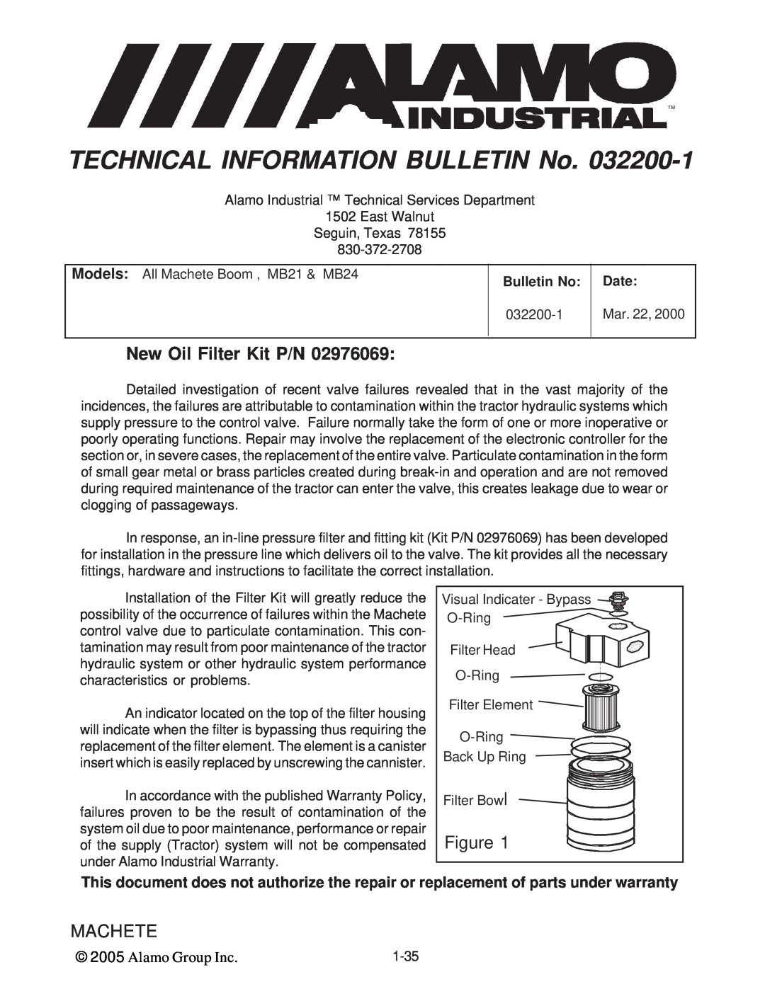 Alamo T 7740 New Oil Filter Kit P/N, TECHNICAL INFORMATION BULLETIN No, Figure, Machete, Alamo Group Inc, Bulletin No 