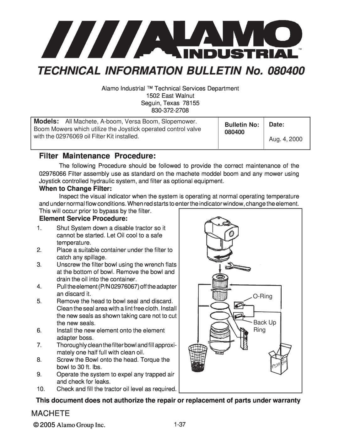 Alamo T 7740 Filter Maintenance Procedure, When to Change Filter, Element Service Procedure, Bulletin No, Machete, Date 