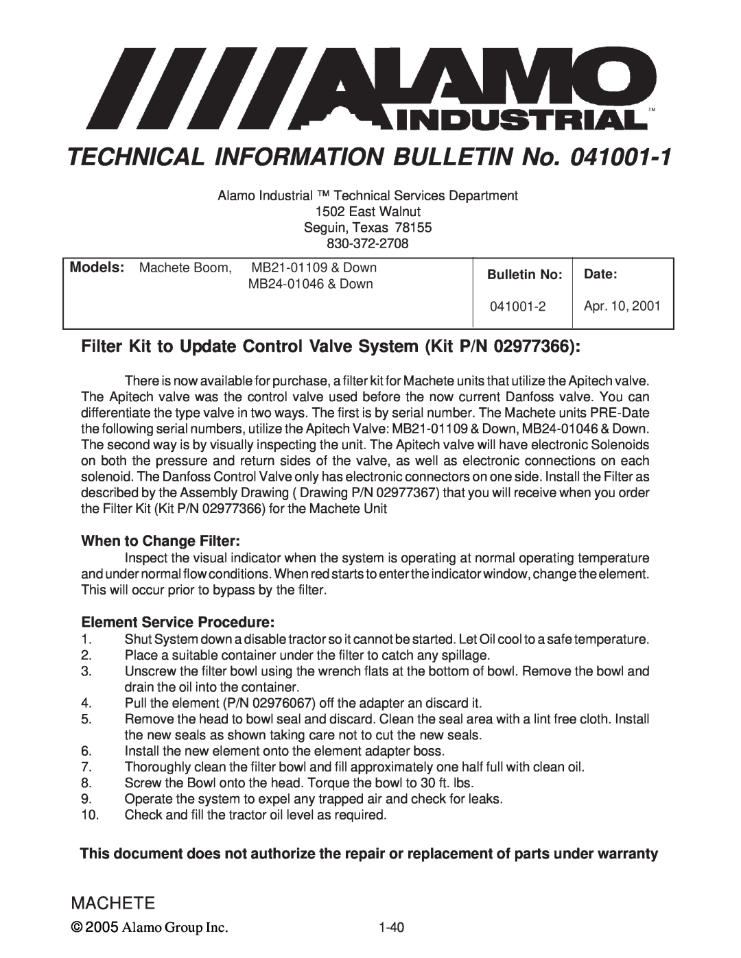 Alamo T 7740 Filter Kit to Update Control Valve System Kit P/N, TECHNICAL INFORMATION BULLETIN No, Machete, Bulletin No 