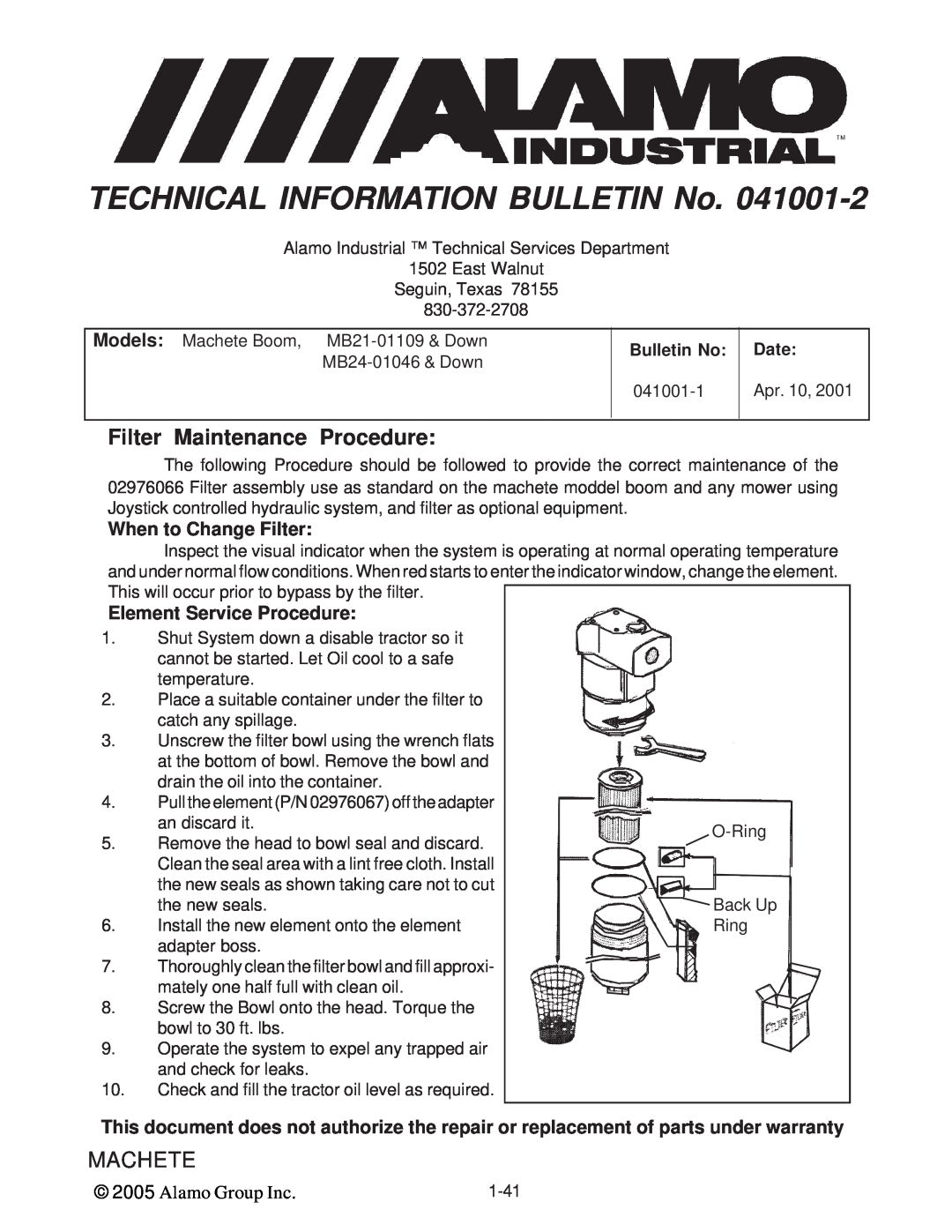 Alamo T 7740 TECHNICAL INFORMATION BULLETIN No, Filter Maintenance Procedure, Machete, When to Change Filter, Bulletin No 
