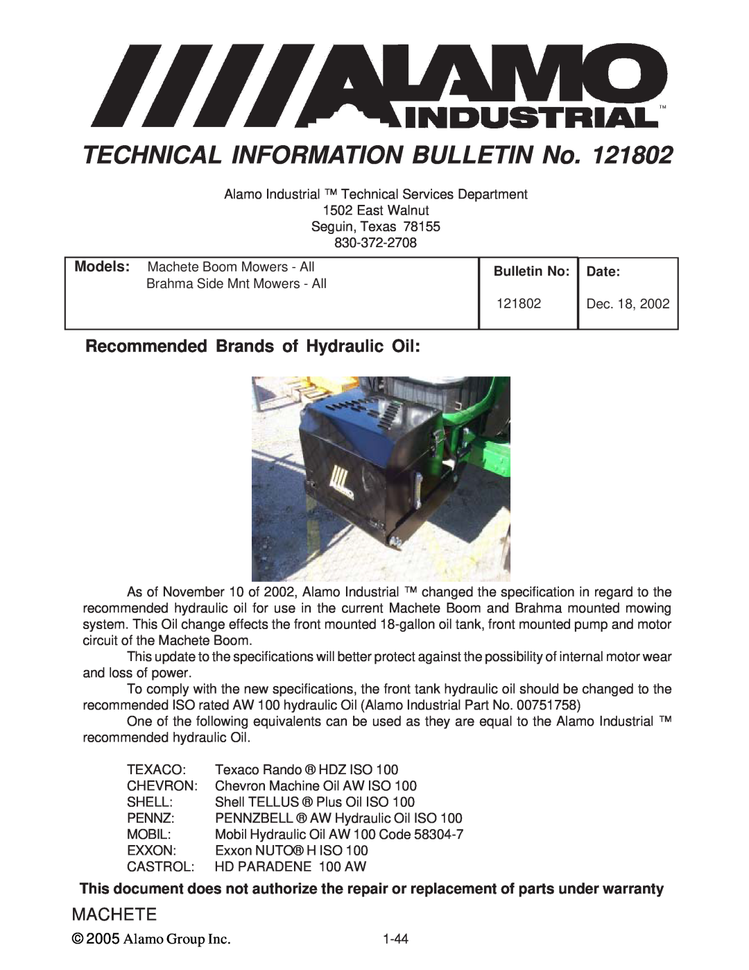 Alamo T 7740 Recommended Brands of Hydraulic Oil, TECHNICAL INFORMATION BULLETIN No, Machete, Alamo Group Inc, Bulletin No 